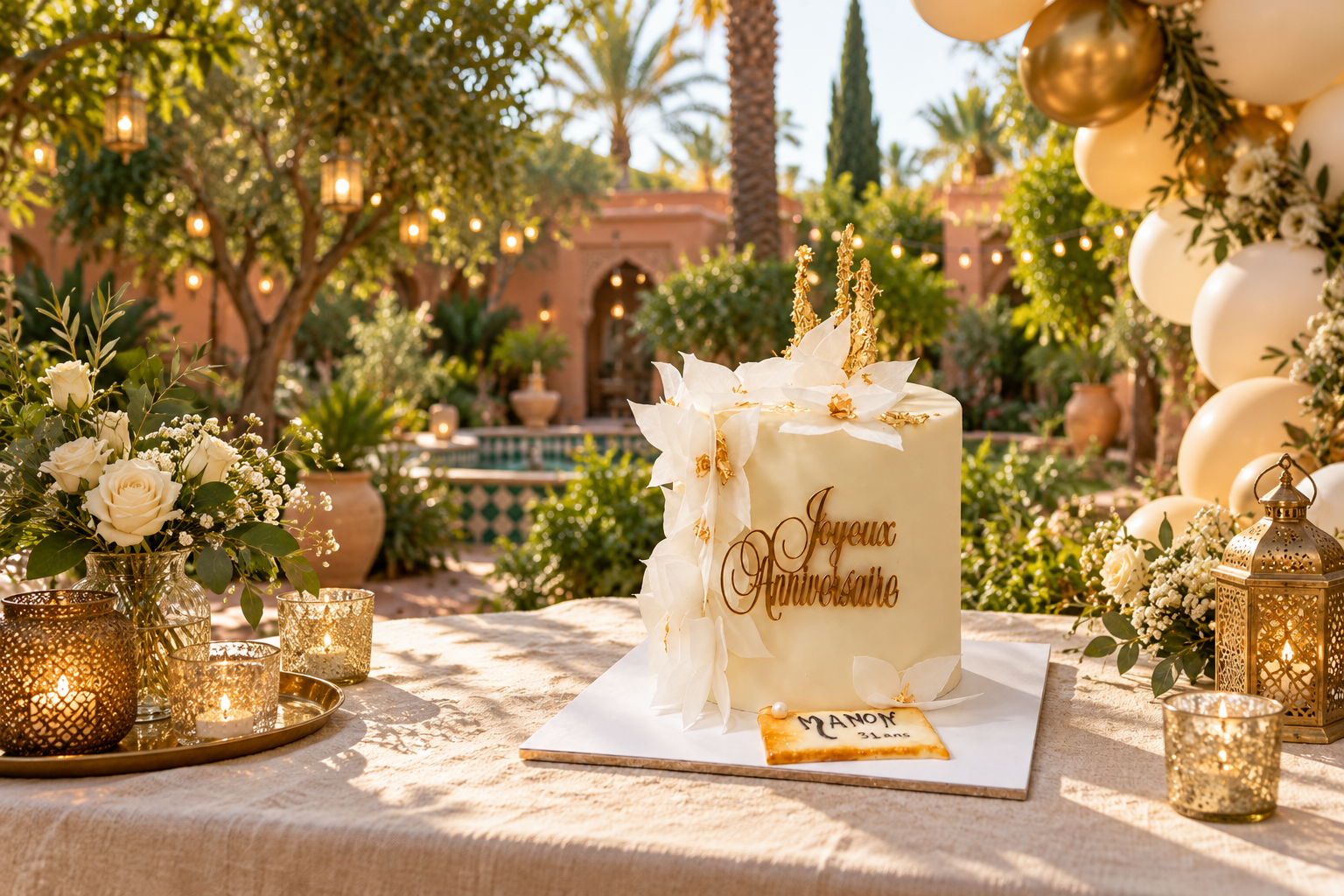 Gâteau d’anniversaire blanc et or dans un jardin décoré, sans personnes.
